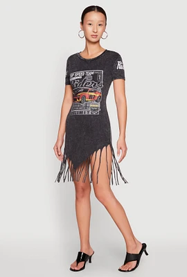Womens Mineral Wash Riders Graphic Fringe Dress, Black,