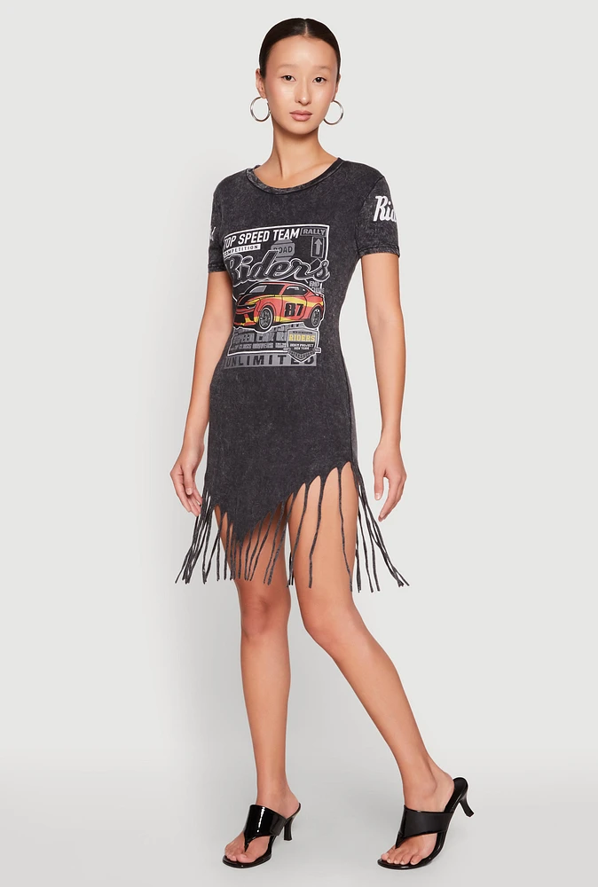 Womens Mineral Wash Riders Graphic Fringe Dress, Black, Size L