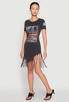 Womens Mineral Wash Riders Graphic Fringe Dress, Black, Size L
