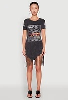 Womens Mineral Wash Riders Graphic Fringe Dress, Black, Size L