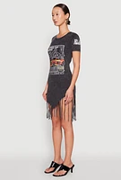 Womens Mineral Wash Riders Graphic Fringe Dress, Black, Size L