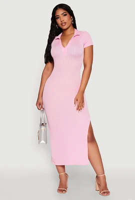 Womens Side Slit Polo Collar Midi Dress, Pink, Size XL