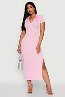 Womens Side Slit Polo Collar Midi Dress, Pink, Size XL