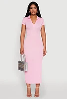 Womens Side Slit Polo Collar Midi Dress, Pink, Size XL