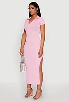 Womens Side Slit Polo Collar Midi Dress, Pink, Size XL