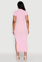 Womens Side Slit Polo Collar Midi Dress, Pink, Size XL