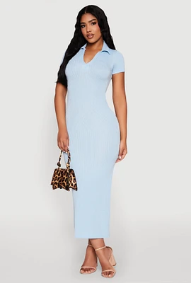 Womens Side Slit Polo Collar Midi Dress, Blue, Size S