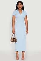 Womens Side Slit Polo Collar Midi Dress, Blue, Size L