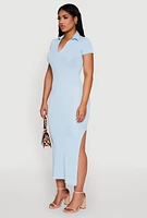 Womens Side Slit Polo Collar Midi Dress, Blue, Size L