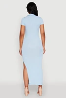 Womens Side Slit Polo Collar Midi Dress, Blue, Size L