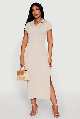 Womens Side Slit Polo Collar Midi Dress,