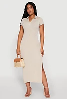 Womens Side Slit Polo Collar Midi Dress,