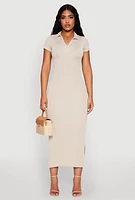 Womens Side Slit Polo Collar Midi Dress,