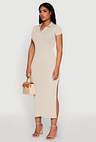Womens Side Slit Polo Collar Midi Dress,