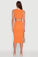 Womens Chic Ribbed Knit Keyhole Back Midi Tank Dress, Orange, Size L