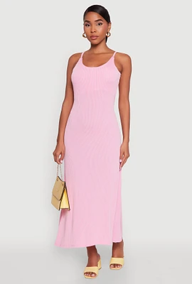 Womens Elegant Scoop Neck Ribbed Knit Cami Dress, Pink, Size L