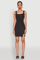 Womens Square Neck Rib Knit Tank Dress, Black, Size L