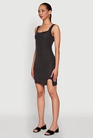 Womens Square Neck Rib Knit Tank Dress, Black, Size L