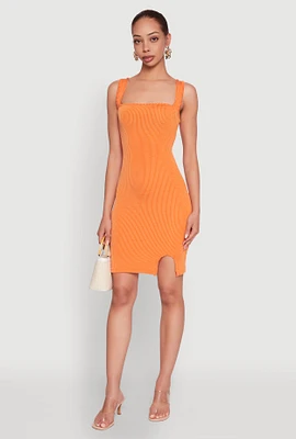 Womens Square Neck Rib Knit Tank Dress, Orange, Size L