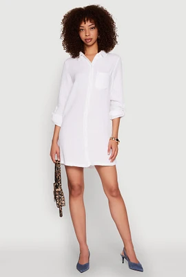Womens Gauze Knit Shirt Dress, White, Size S