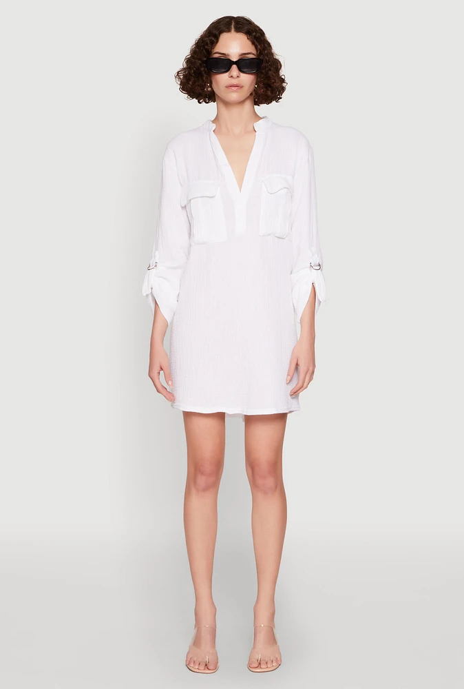 Womens Tabbed Sleeve Gauze Knit Dress, White,