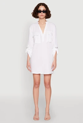 Womens Tabbed Sleeve Gauze Knit Dress, White,