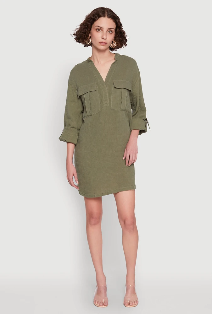 Womens Tabbed Sleeve Gauze Knit Dress,