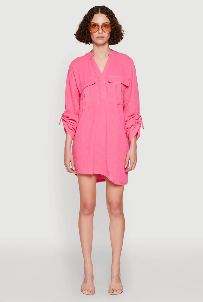Womens Tabbed Sleeve Gauze Knit Dress, Pink, Size L