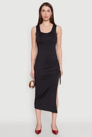 Womens Side Slit Ruched Maxi Tank Dress,