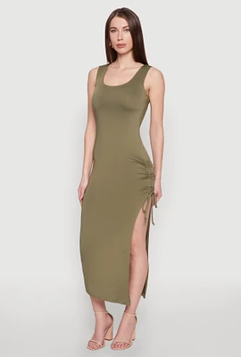 Womens Side Slit Ruched Maxi Tank Dress,