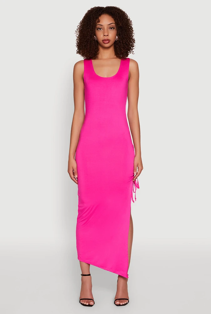 Womens Side Slit Ruched Maxi Tank Dress, Pink, Size XL