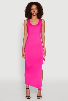 Womens Side Slit Ruched Maxi Tank Dress, Pink, Size XL