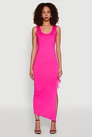 Womens Side Slit Ruched Maxi Tank Dress, Pink, Size XL
