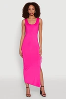 Womens Side Slit Ruched Maxi Tank Dress, Pink, Size XL