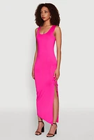 Womens Side Slit Ruched Maxi Tank Dress, Pink, Size XL