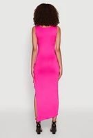 Womens Side Slit Ruched Maxi Tank Dress, Pink, Size XL