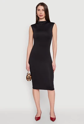 Womens Mock Neck Cap Sleeve Midi Dress, Black, Size L