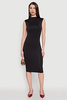 Womens Mock Neck Cap Sleeve Midi Dress, Black, Size L