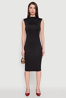 Womens Mock Neck Cap Sleeve Midi Dress, Black, Size L