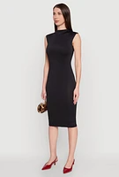 Womens Mock Neck Cap Sleeve Midi Dress, Black, Size L