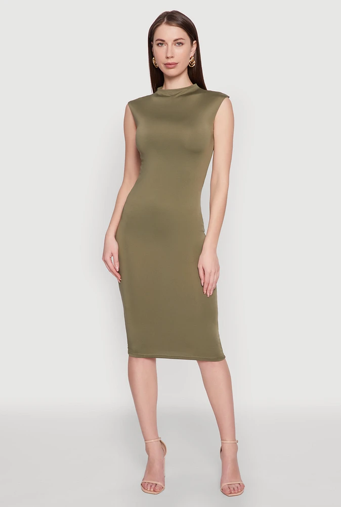 Womens Mock Neck Cap Sleeve Midi Dress,