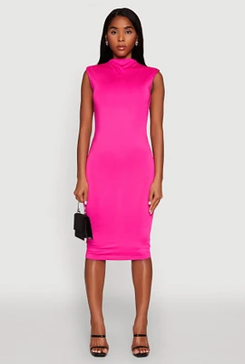 Womens Mock Neck Cap Sleeve Midi Dress, Pink, Size M