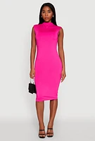 Womens Mock Neck Cap Sleeve Midi Dress, Pink, Size M