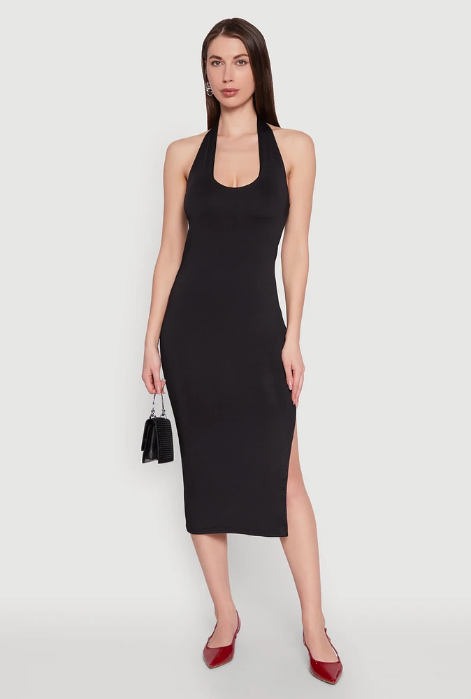 Womens Side Slit Halter Neck Midi Dress, Black,