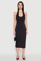 Womens Side Slit Halter Neck Midi Dress, Black,