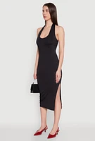 Womens Side Slit Halter Neck Midi Dress, Black,