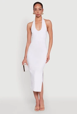 Womens Side Slit Halter Neck Midi Dress, White, Size M