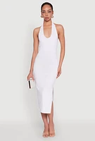 Womens Side Slit Halter Neck Midi Dress, White, Size M