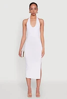 Womens Side Slit Halter Neck Midi Dress, White, Size M