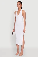 Womens Side Slit Halter Neck Midi Dress, White, Size M